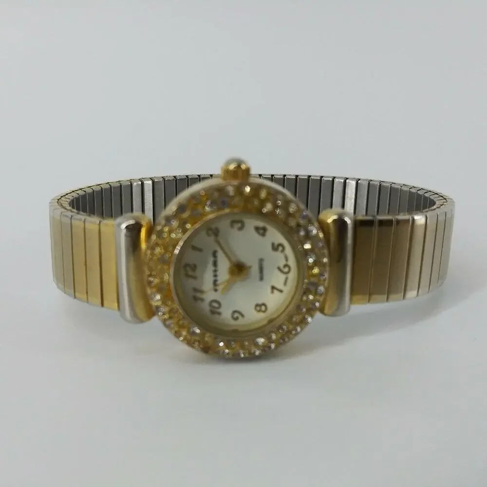 Vintage Milan Womens Gold Tone Stretch Bracelet Wristwatch with Rhinestones